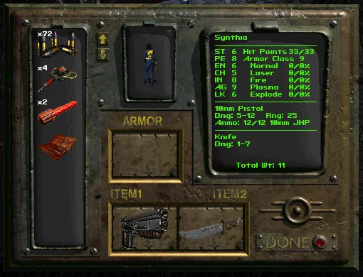Inventory screen of Fallout, displaying character stats and items.