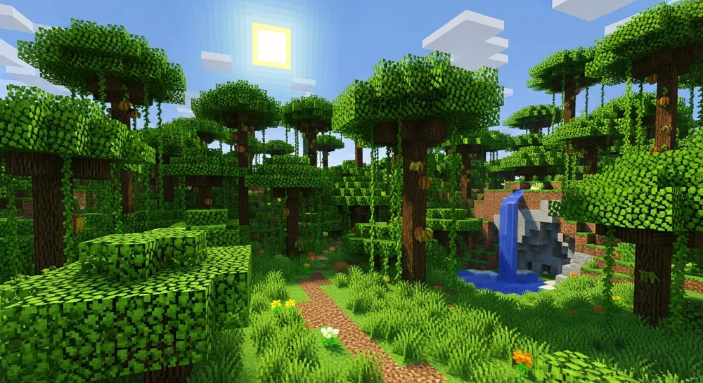 A lush Minecraft jungle with a waterfall and a sunlit sky.