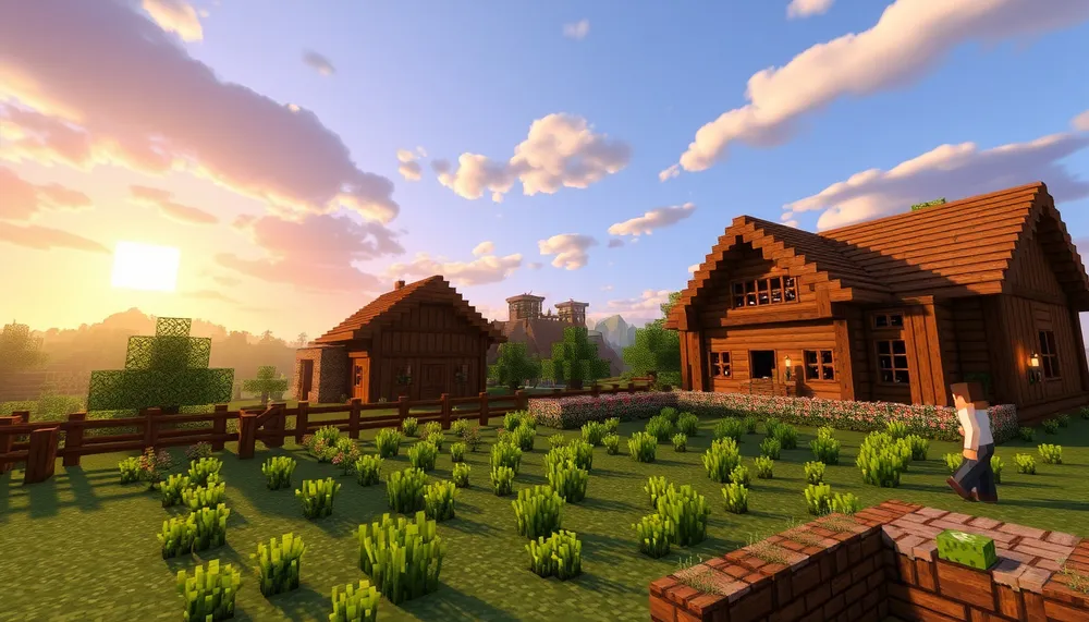 A peaceful Minecraft village with wooden houses and a farm at sunrise.